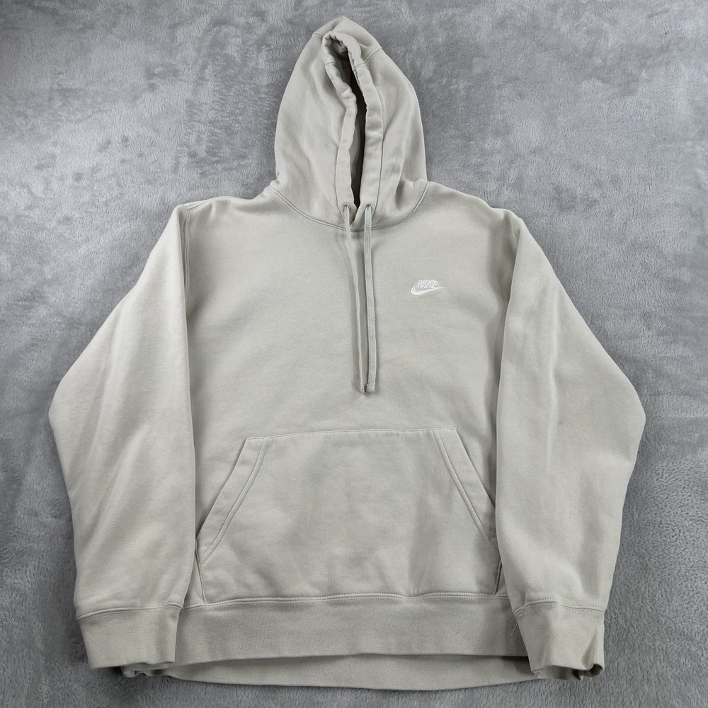 Nike Hoodie Mens L Cream Pullover Sweatshirt Embroidered Swoosh Fleece Athletic